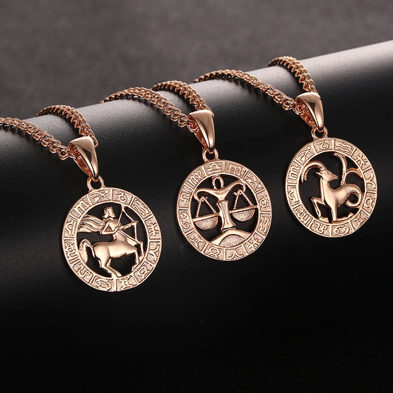 FJ 12 Zodiac Sign 585 Gold Color Constellation Rose Pendants Capricorn/Gemini Twisted Necklace Chain Women Men Jewelry