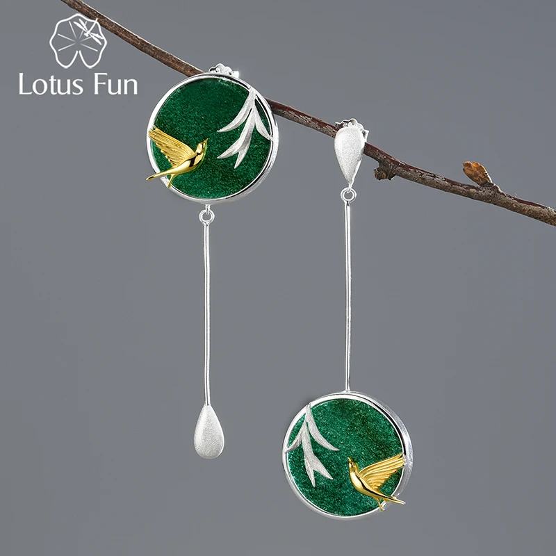 Lotus Fun Natural Stone Drop Earrings Real 925 Sterling Silver Swallow and Willow in Spring Wind Earrings for Women Fine Jewelry