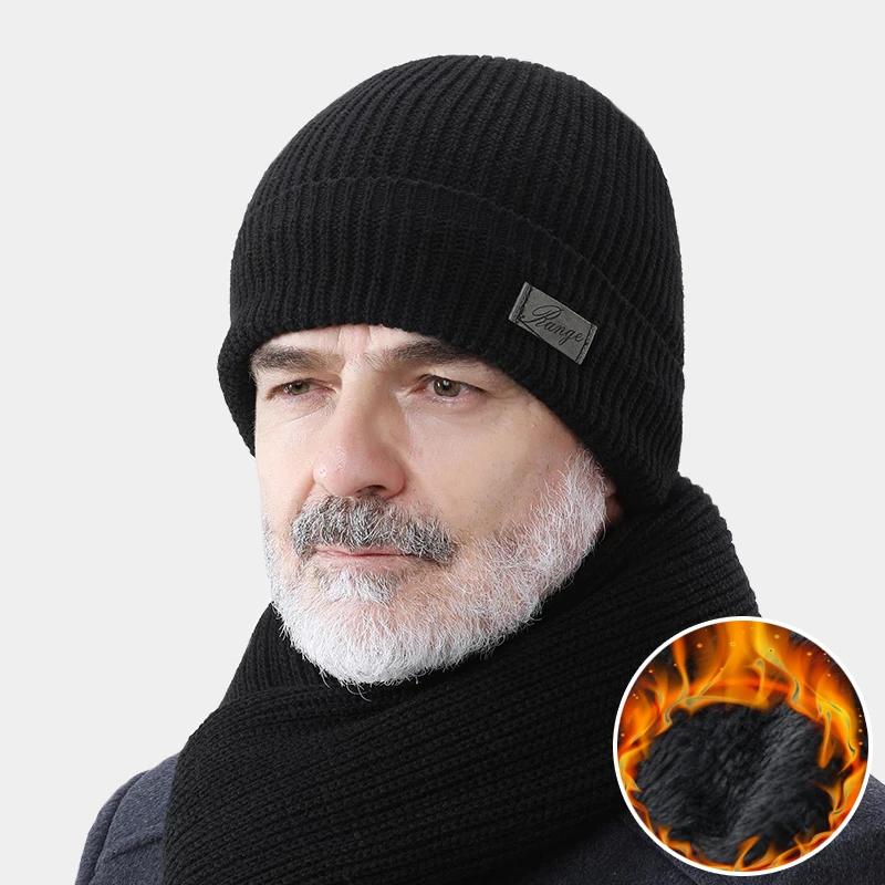 2021 Winter Hat for Old Men Solid Knit Men's Winter Beanies Hat Warm Outdoor Cold-proof Accessories Thick Fleece Inside Cap