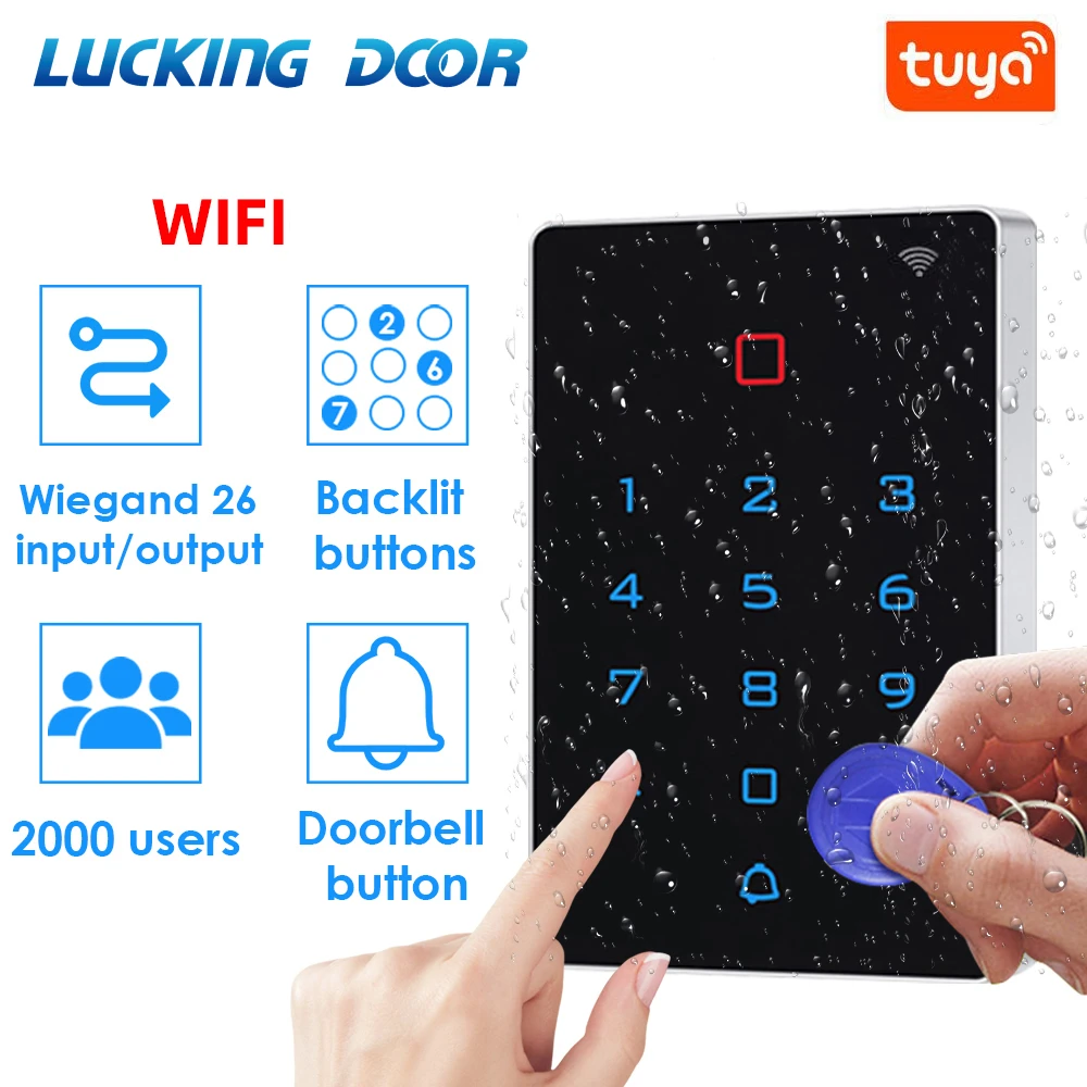 WiFi bluetooth Tuya APP backlight touch 125khz RFID Card Access Control keypad Door Lock opener WG 26 input output watreproof