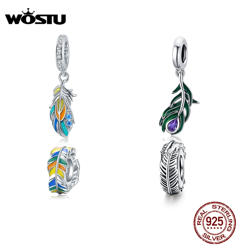 WOSTU 925 Sterling Silver Colorful Enamel Feather Charms Beads fit Original Bracelet Charms Silver 925 Jewelry CTC304