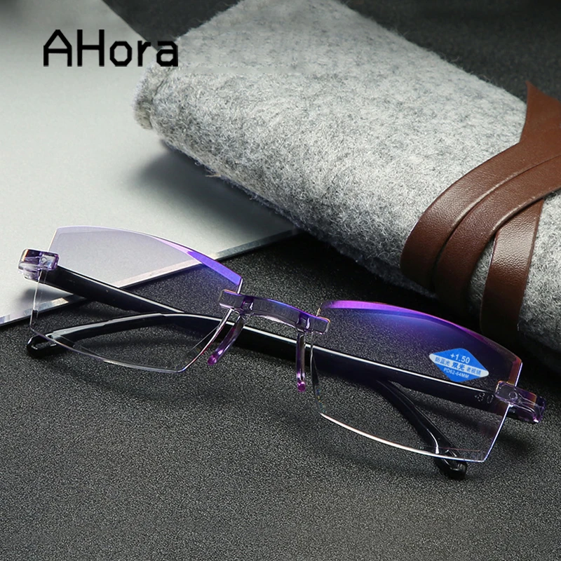 Ahora Anti Blue Ray Reading Glasses Men Women Rimless Cutting Presbyopia Eyewear for Ladies Blue Light Glasses +1.0 1.5 2.0 2.5