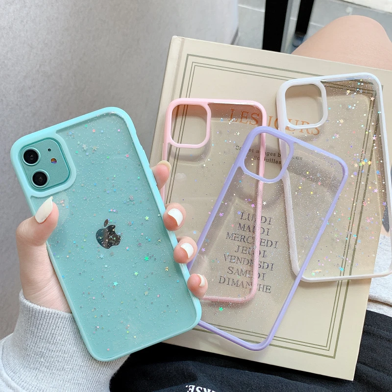 Bling Glitter Star Phone Case For iPhone 12 12mini 11 Pro Max XR XS Max X 7 8 Plus Transparent Soft Silicone Sequins Shell Cases