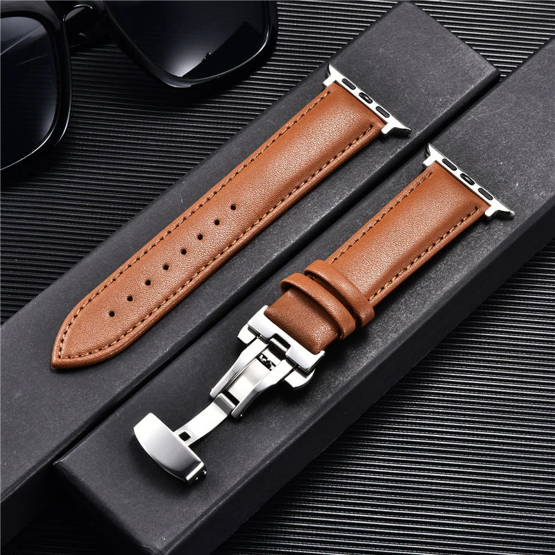 Genuine Leather Watchbands for Apple Watch 6 SE 5 4 3 Butterfly Buckle Straps Watch Accessories 38mm 40mm 42mm 44mm Watch Band