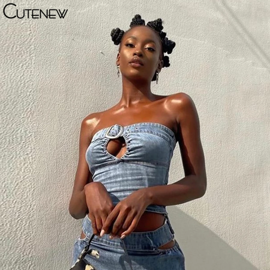 Cutenew Sexy Hollow Out Patchwork Denim Women Tank Tops 2021 Summer New Casual Slim Streetwear Fashion Simplicity Lady Crop Vest