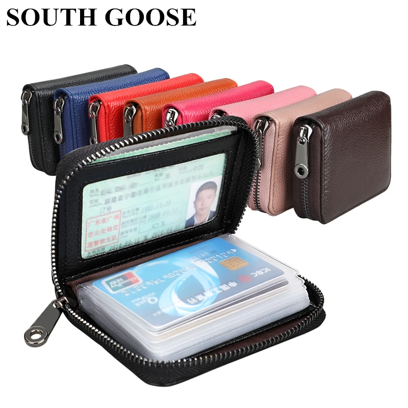 2020 New Genuine Leather Card Bag RFID Blocking Credit Card Holder Men Business Card Wallet Women Change Organizer Zipper Purse