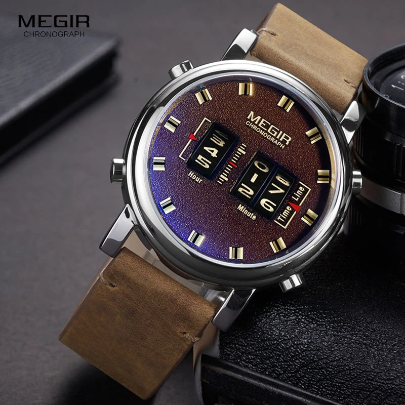 MEGIR 2019 New Top Band Watches Men Military Sport Brown Leather Quartz Wrist Watch Luxury Drum Roller relogio masculino 2137