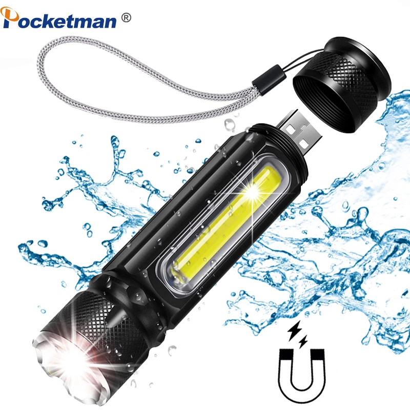 12000LM Multifunctional Flashlight LED USB Rechargeable battery Powerful T6 torch Side COB Light linterna tail magnet Work Light