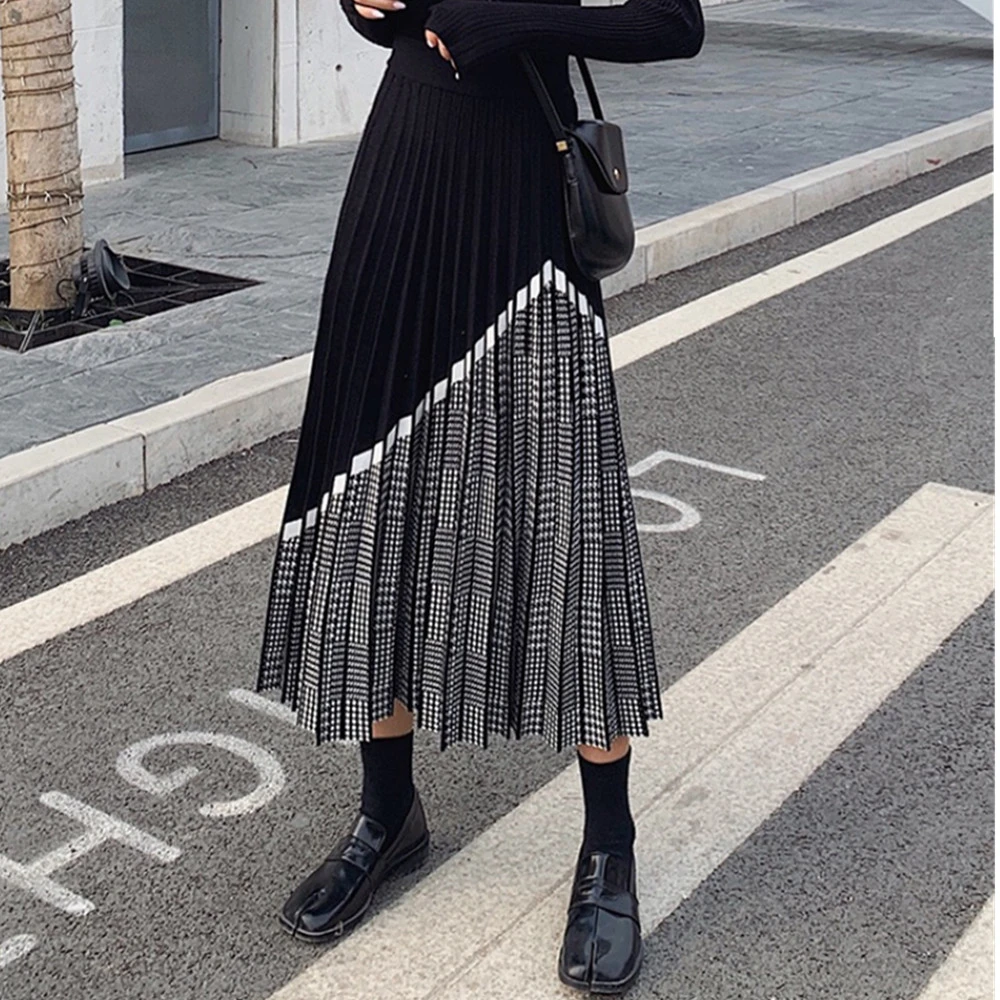ZAWFL 2021 Winter Women's Fashion Houndstooth Midi Skirt Female High Waist Pleated Knitted Thick Black Warm Skirts