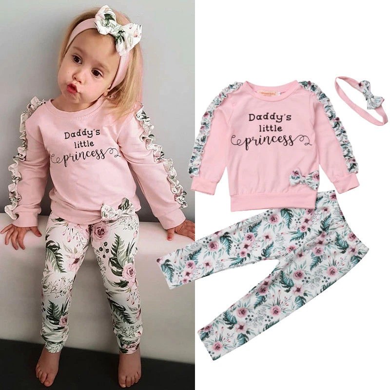 Autumn Winter 3PCS Kids Toddler Newborn Baby Girl Clothes Set Ruffles Long Sleeve Floral T-shirt Tops+Pants+Headband Outfits