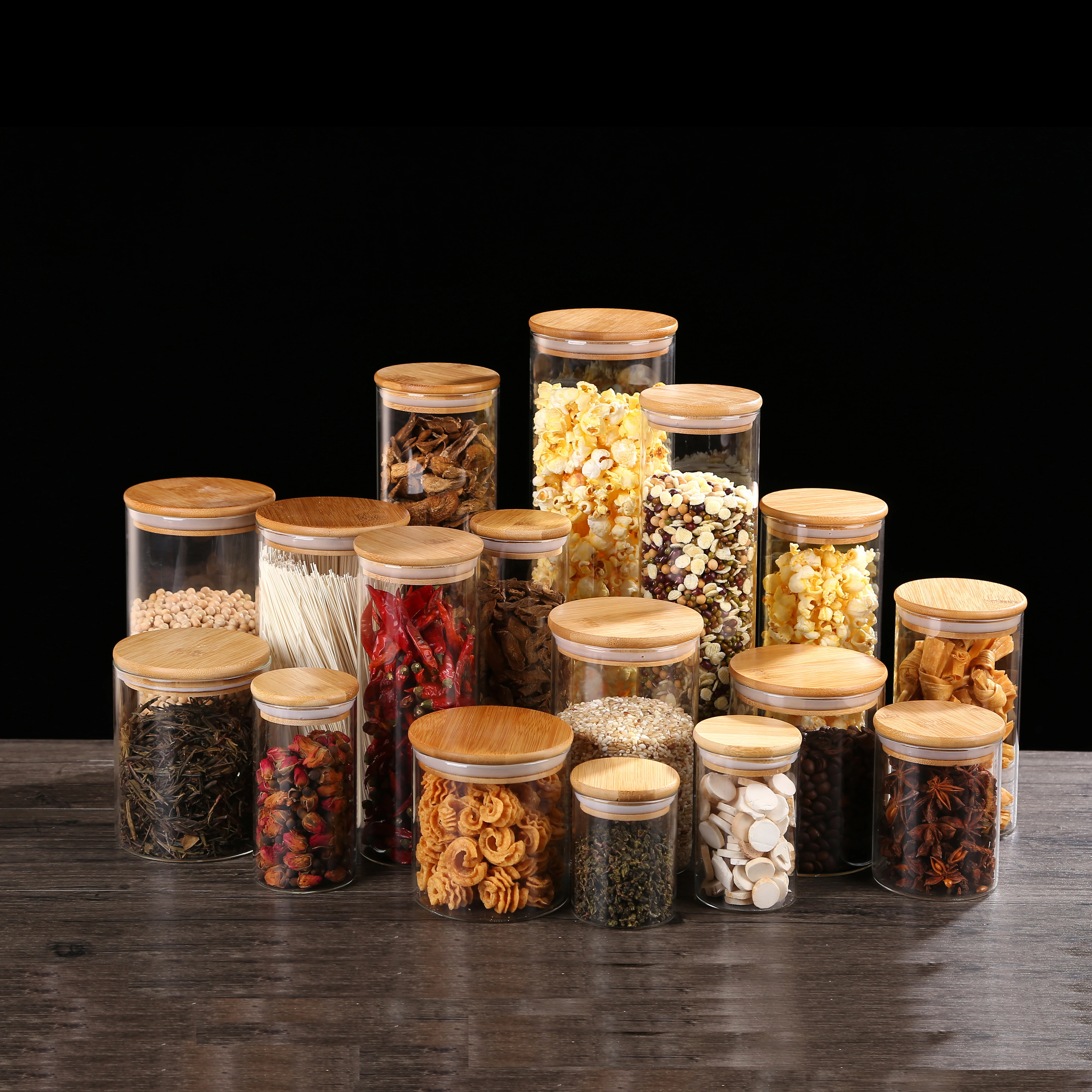 Home Kitchen Mason Organizer Sealed Glass Storage Jars With Bamboo Lid For Food Noodles Coffee Candy Bean  Nut  Bottle Container