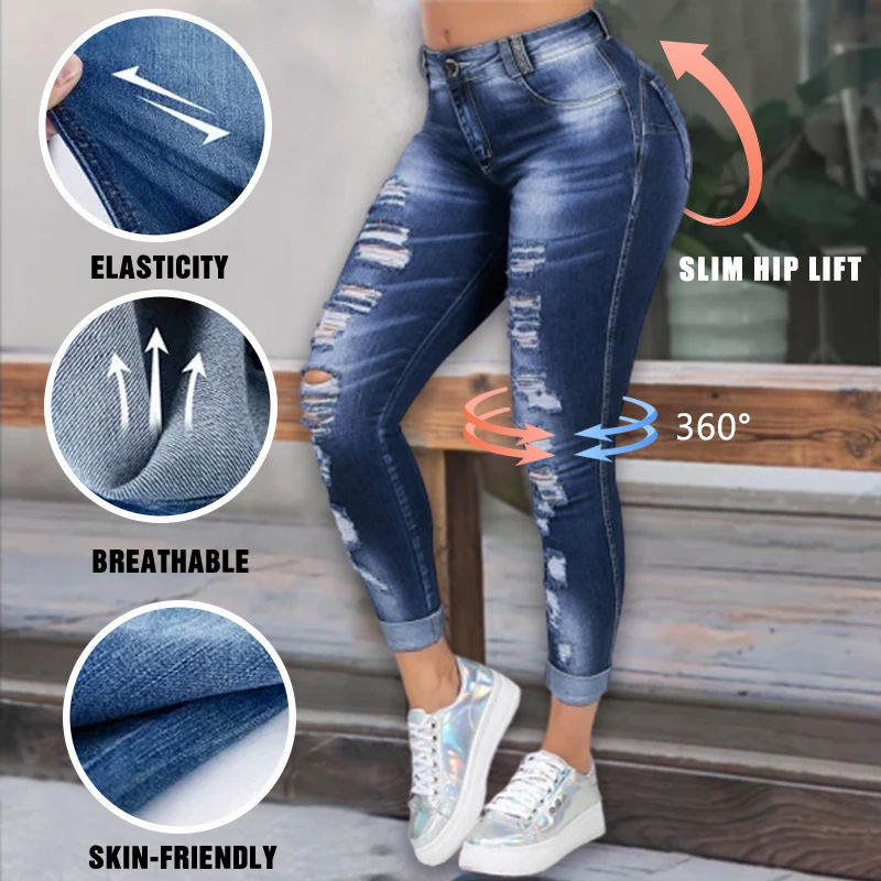 High Waist Skinny Ripped Jeans Women 2020 Fashion Trousers Washed Denim Jeans Hollow Hole Bleached Pencil Pants Plus Size S-6XL