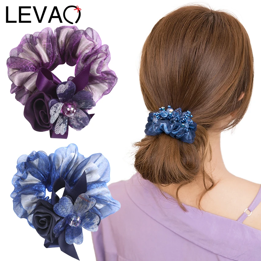 Levao Rose Flower Double Layer Fluffy Hair Tie Ponytail Hair Tie Colorful Printing Elastic Ladies Headband Hair Accessories