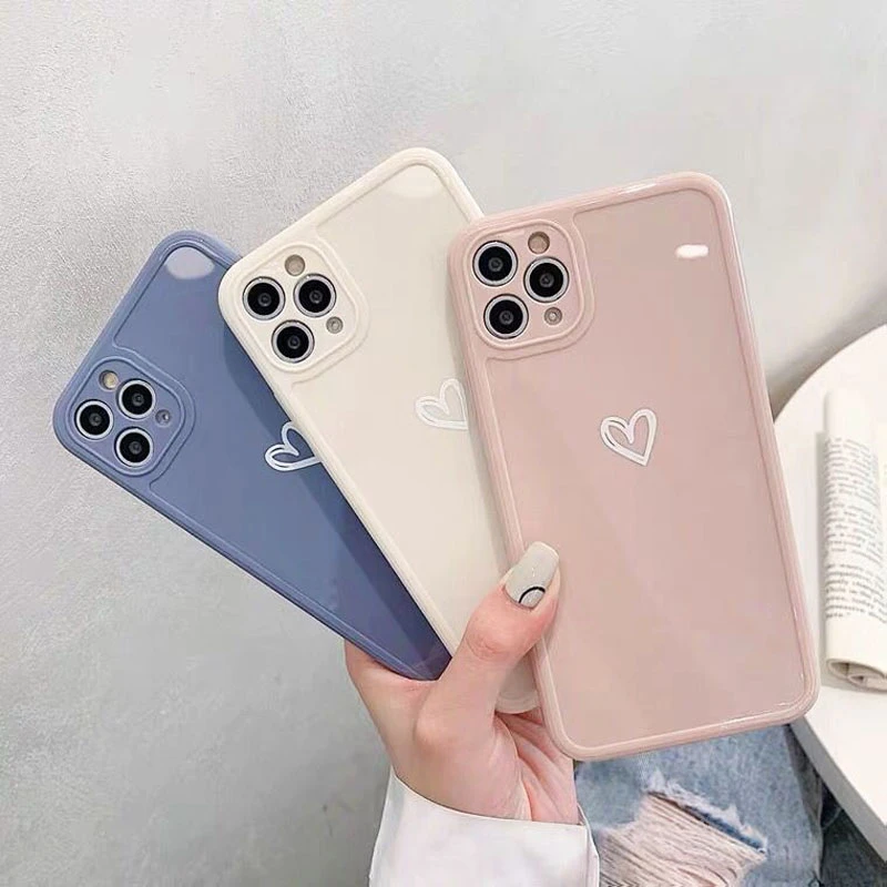 Candy Colors Love Heart Phone Case For iPhone 11 Pro Max 7 8 Plus X XR XS Max 12 13 Three-dimensional Square Frame Back Cover