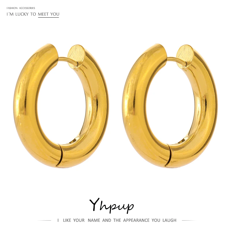 Yhpup 2021 Stainless Steel Jewelry Minimalist Round Hollow Hoop Earrings Charm Gold Metal 18 K Waterproof Earrings Gift 2021