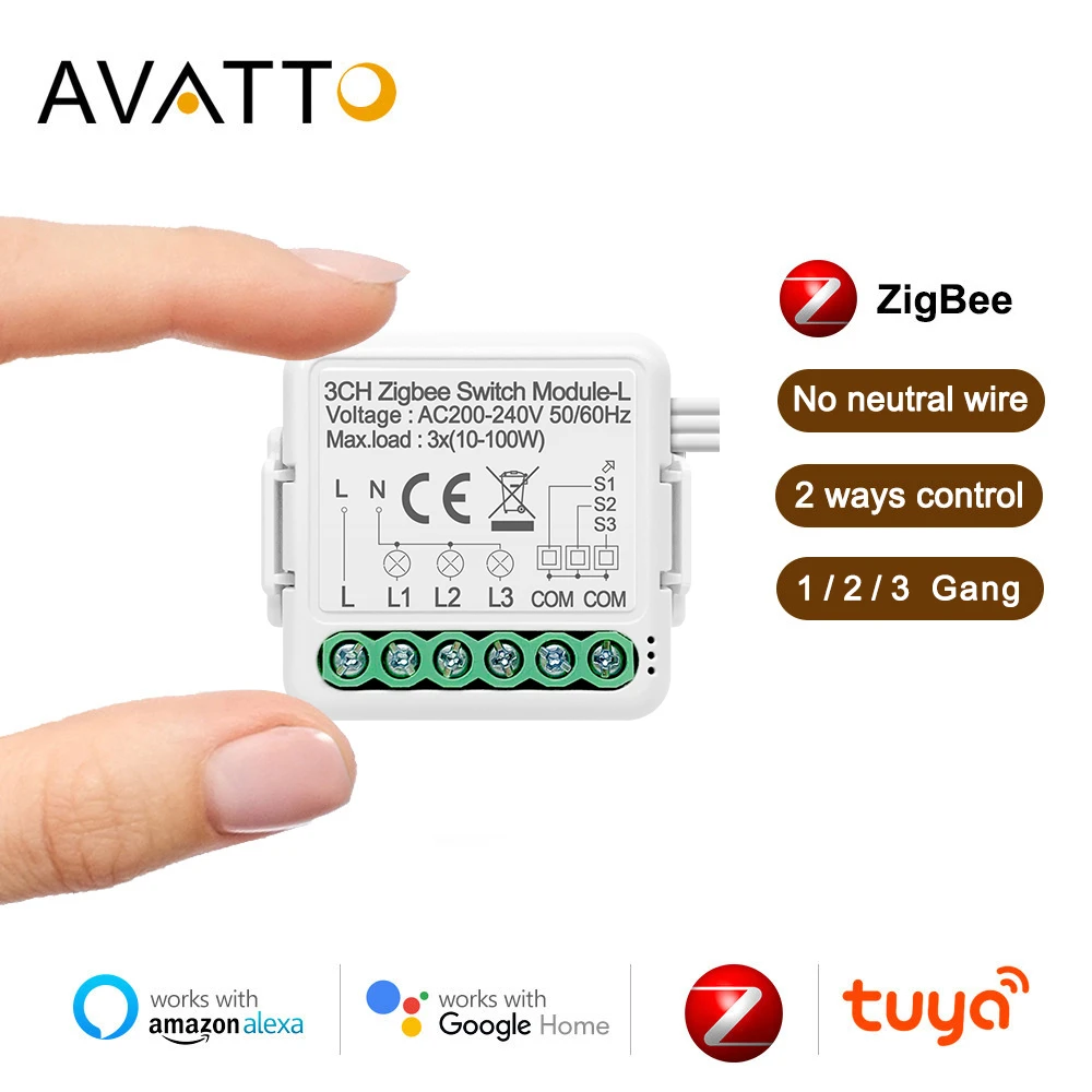 AVATTO Smart Zigbee Switch Module No Neutral Wire Required,Tuya 1/2/3 Gang Switch with 2 Way Control Work with Alexa Google Home