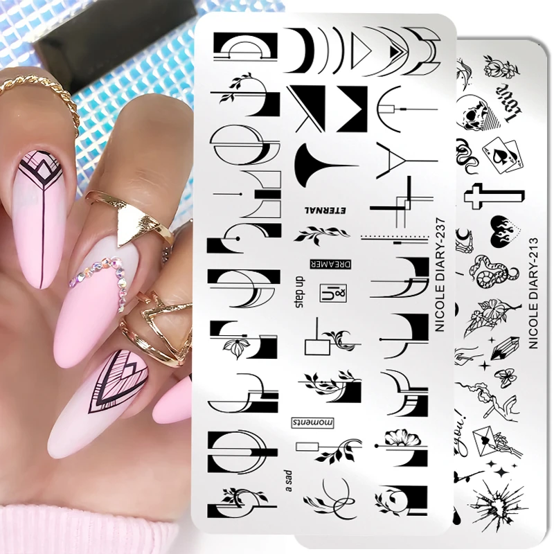 NICOLE DIARY-237 French Line Flower Nail Stamping Plates Geometric Leaf Floral Stainless Steel Nail Art Stamp Stencil