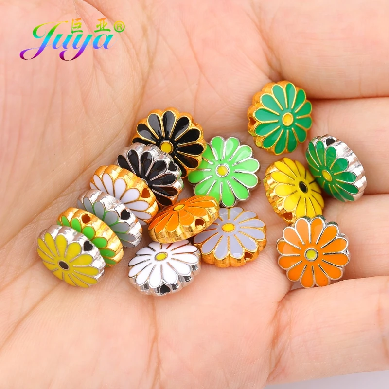Juya 10pcs/Lot DIY Charm Beads Supplies Gold/Silver Color Daisies Enamel Beads For Needlework Flower Beading Jewelry Making