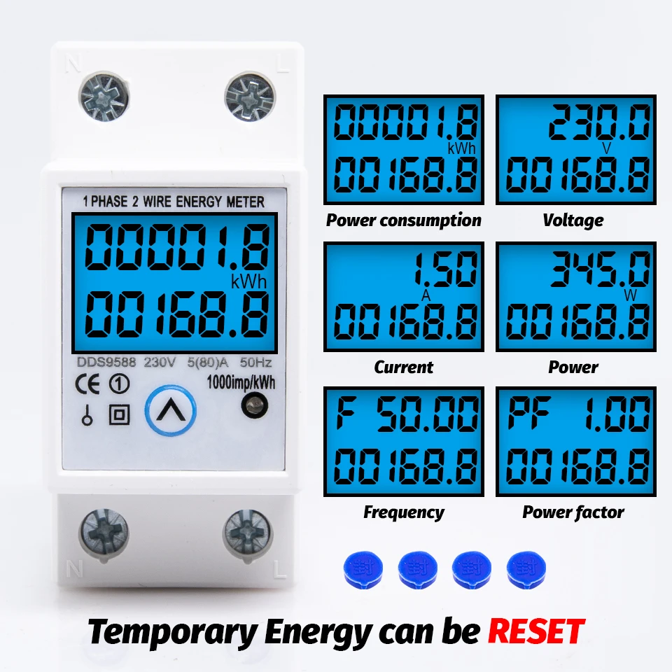 Din Rail Single Phase Energy Meter Reset Zero kWh Voltage Current Power Consumption Counter Electric Digital Wattmeter 230V AC