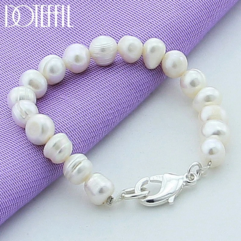 DOTEFFIL Natural White 8mm Pearl Bracelet 925 Sterling Silver Buckle For Woman Charm Wedding Engagement Fashion Party Jewelry