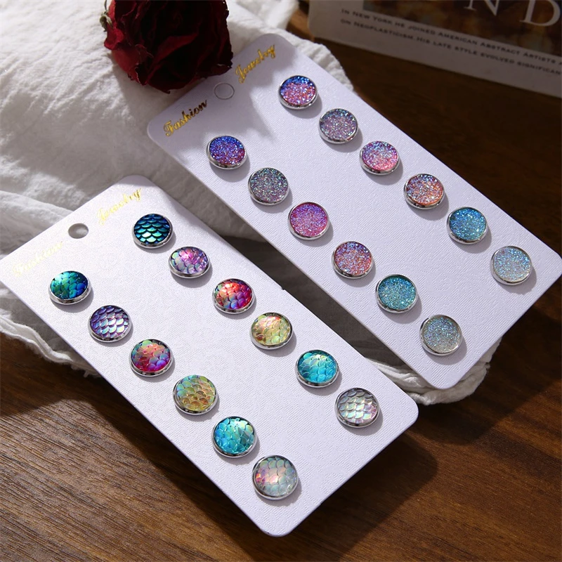 Bling Colorful Earring Sets 6 Pairs / Set Mixed Color Cute Round Stud Earrings For Women Fashion Jewelry Birthday Gift Wholesale