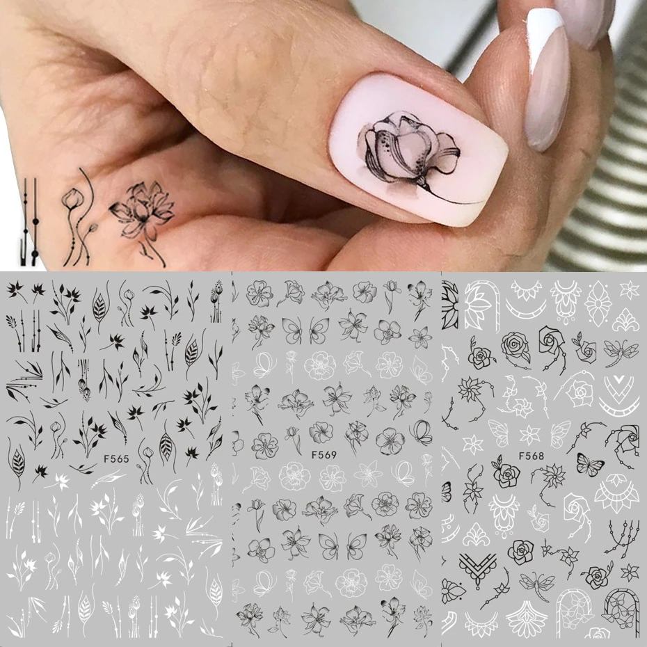 1pcs Black White 3D Nail Art Stickers Sliders Flowers Mandala Leaf Geometry Adhesive Nail Decals Foil Design Manicure TRF564-573