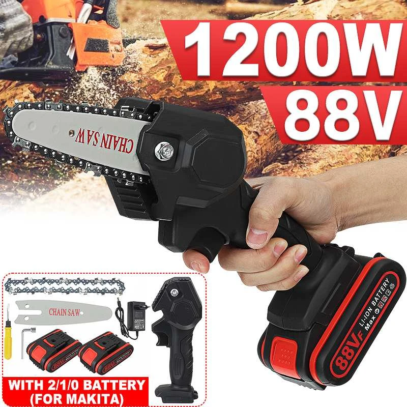 4 Inch 88V 1200W Mini Electric Chain Saw With 2PC Battery Woodworking Pruning One-handed Garden Tool Rechargeable EU Plug