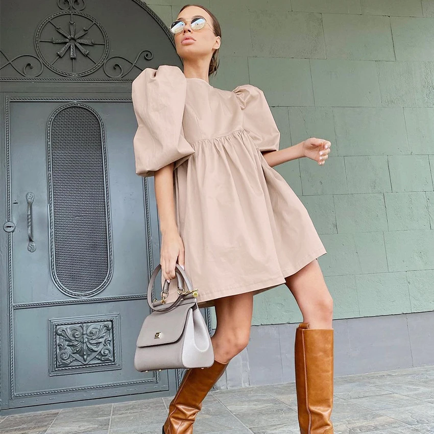 Women Mini Dress Casual O-neck Lantern Sleeve Loose A-lin Streetwear Dress Female Elegant Simple Solid Party Dress Summer 2021