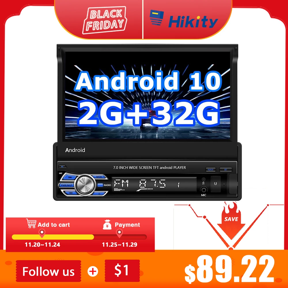 Hikity 1 Din Car radio Android 10.1 2+32G Optional 7'' Touch Screen Car Multimedia Player GPS Wifi Bluetooth Rear View Camera