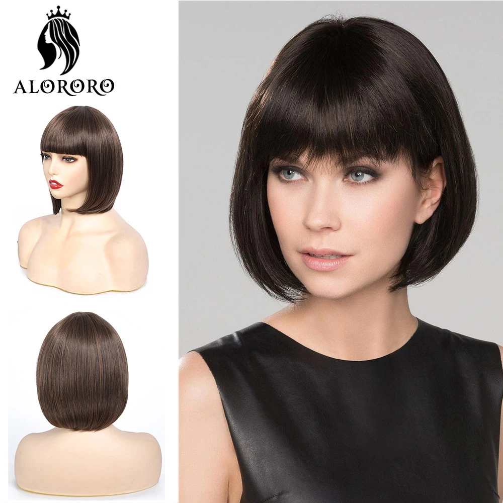 Alororo Short Bob Wig Synthetic Wig with Bangs 10 Inch Natural Black   Hair Wigs for Black Women Party and Daily Used