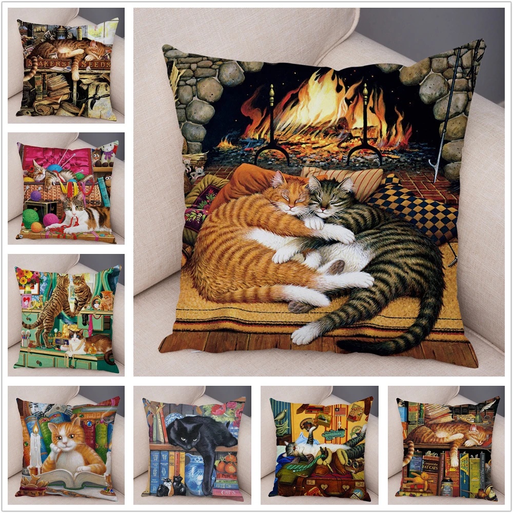 Oil Painting Coloful Cat Cushion Cover Pillowcase Home Decor Cartoon Animal for Sofa Super Soft Short Plush Pillow Case 45x45cm