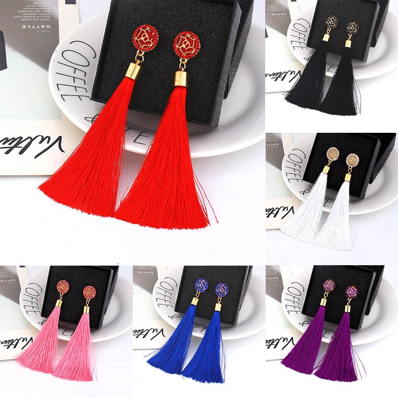 Women Bohemian Crystal Long Tassel Dangle Earrings For Girl Red White Silk Fabric Drop Rose flower lotus Earring Fashion Jewelry