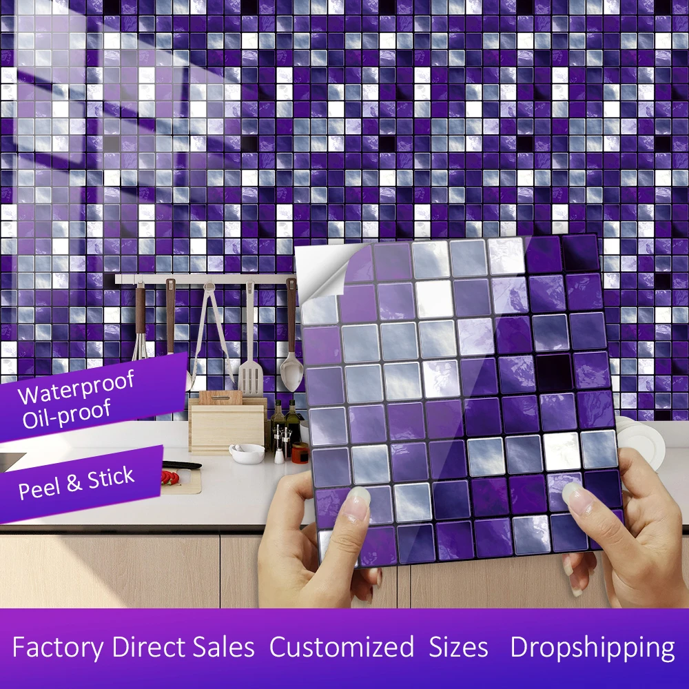 10pcs Purple Mosaic Hard Tile Sticker Flat Printed in 2d Transfers Cover for Kitchen Bathroom Wallpaper Peel & Stick Art Poster