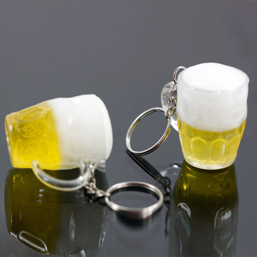 Hot Women Men Resin Beer Cups Simulation Food Handicraft Keychain For Car Bag Key Rings Pendant Jewelry Accessories Gift