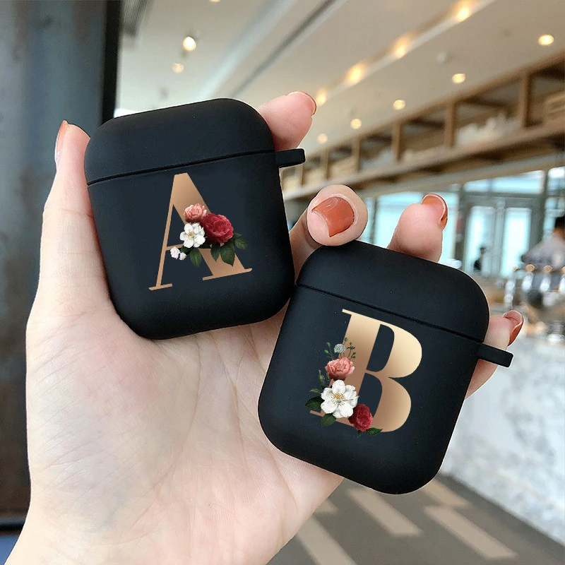 Cute Floral Gold Initial alphabet Letter AirPods Case For Airpod 2 Cases Silicone Wireless Charging Earphone Cover Matte Black