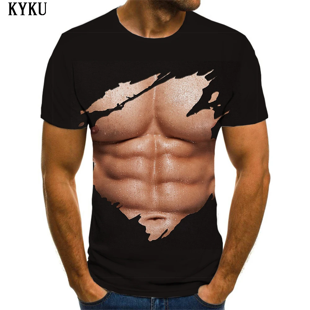 KYKU Brand Muscle T shirt Men Abdominal Muscles Funny T shirts Black T-shirts 3d Mens Clothing Punk Rock Fashion Slim Tops