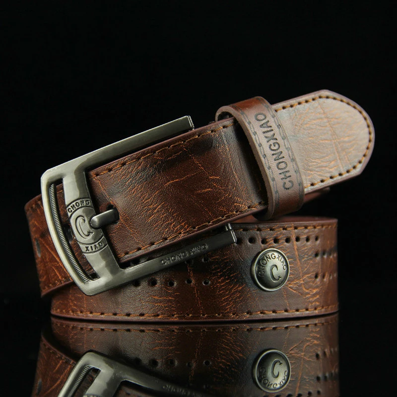 New High Quality needle buckle style leisure men's belt hollow-out rivet punk PU Leather men's Jeans wide belt