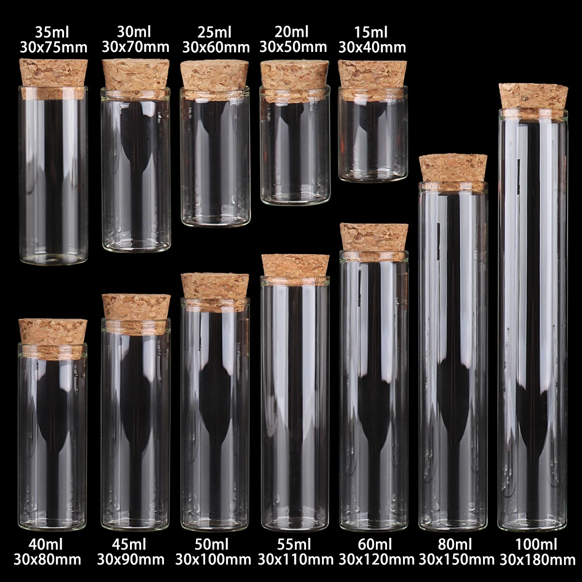 15ml/25ml/30ml/35ml/40ml/45ml/50ml/55ml/60ml/80ml/100ml Small Glass Test Tube with Cork Stopper Bottles Jars Vials 24 pieces