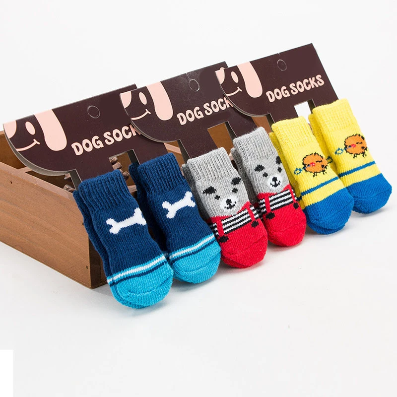 4Pcs Warm Puppy Dog Shoes Soft Pet Knits Socks Cute Cartoon Anti Slip Skid Socks For Small Dogs Breathable Pet Products S/M/L