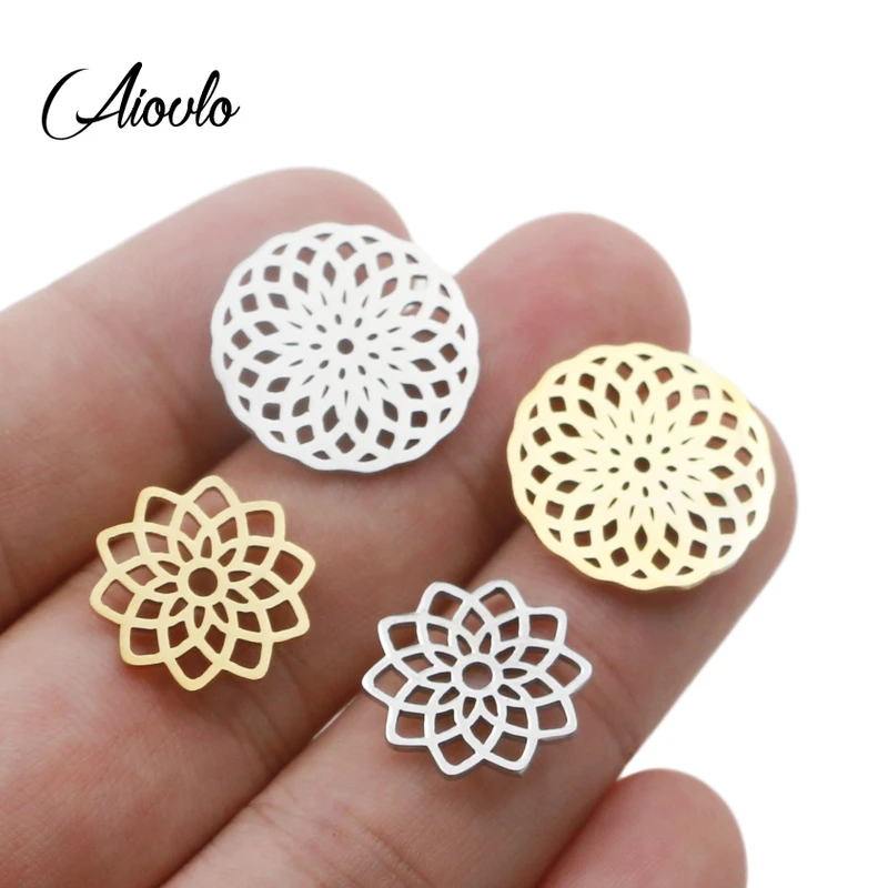 Aiovlo 5pcs/lot Stainless Steel Yoga Lotus Chakra Charm Gold  Round Tag Hollow Lotus Flower Pendant Bracelet & Necklace Craft