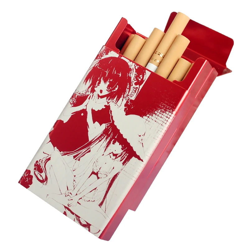 Animation Anime Derivatives Black Red Thin Slim Cigarette Case For Women Metal Aluminum Alloy Sliding Cigarette Box Man Custom