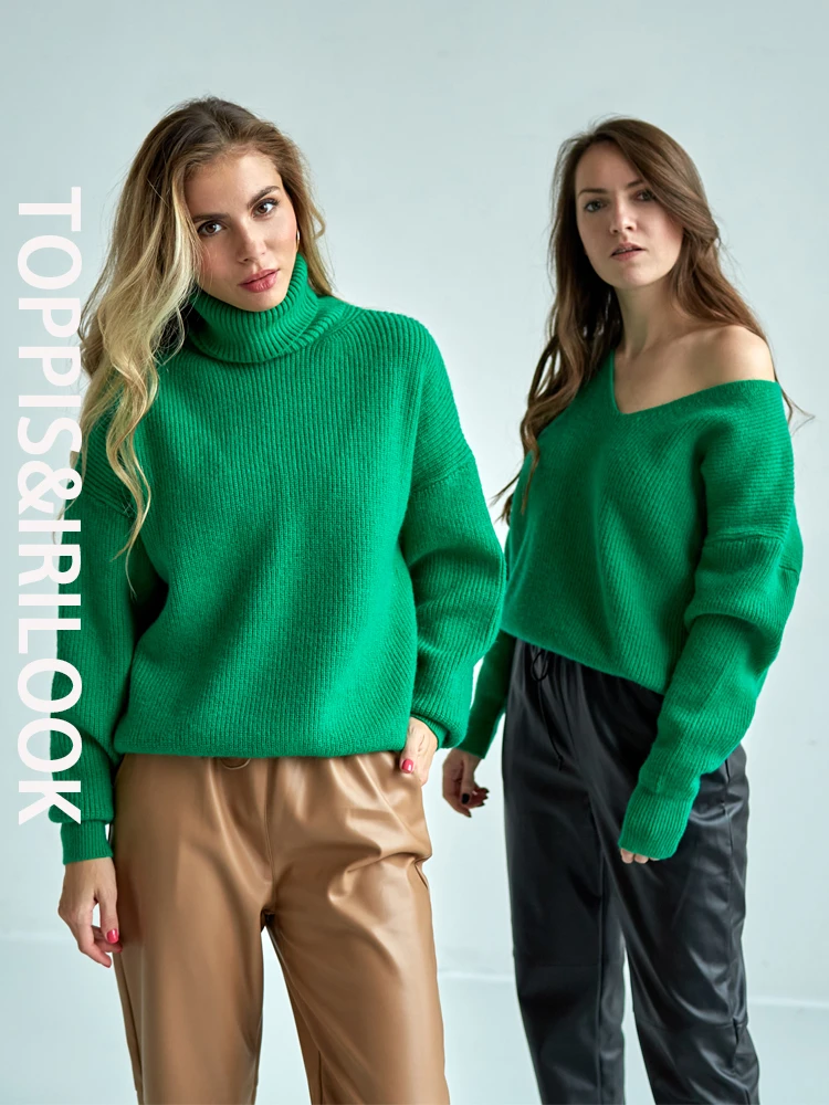 Toppies 2021 Sexy Deep v-neck Sweater Off Shoulder Sweater Green White Knitted Tops Korean Winter Clothes