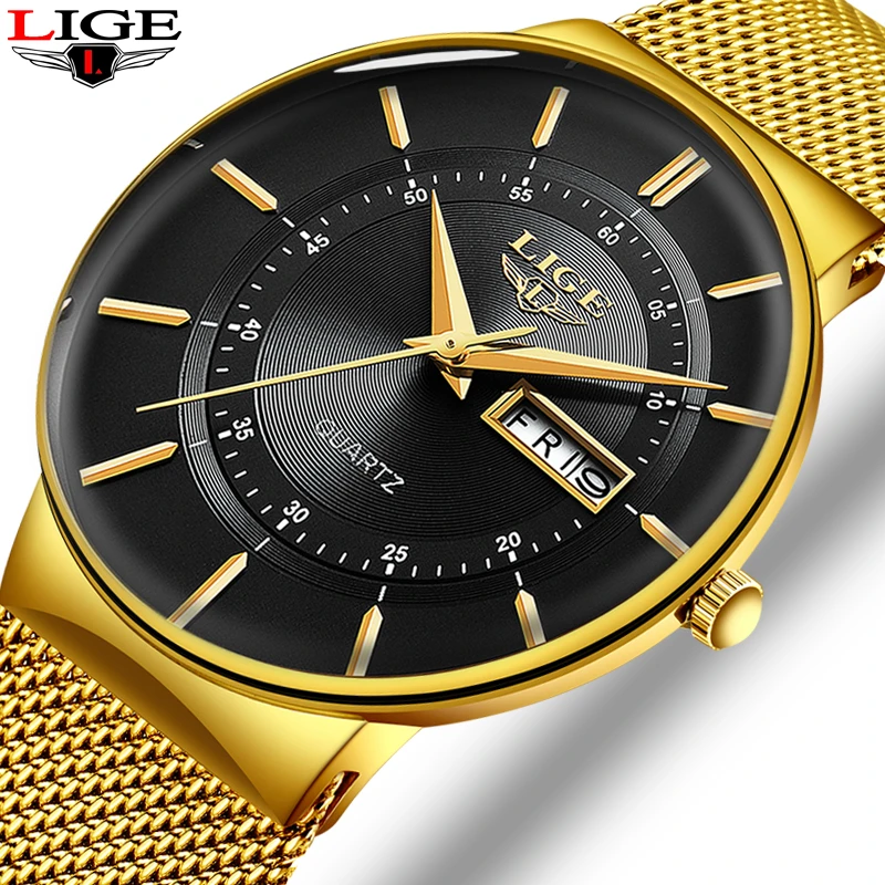 Relogio Masculino 2021 LIGE New Mens Watches Top Brand Luxury Ultra Thin Quartz Watch Men Steel Mesh Strap Waterproof Gold Watch