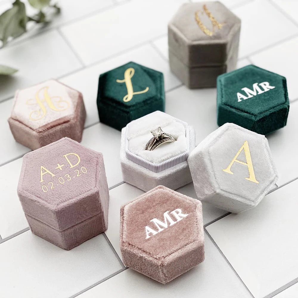 Hexagonal Velvet Ring Box Customized Single / Double Slot Wedding Engagement Ring Box Velvet Ring Storage Box Elegant Retro