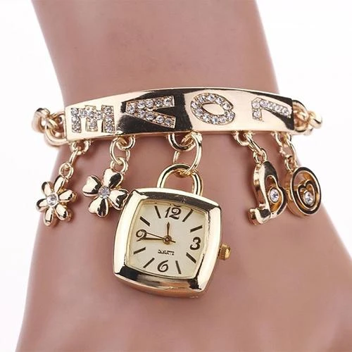 watch women Women Love Letters Rhinestone Inlaid Chain Bracelet Flower Pendant Wrist watch reloj mujer Ladies Dress Watches Gift