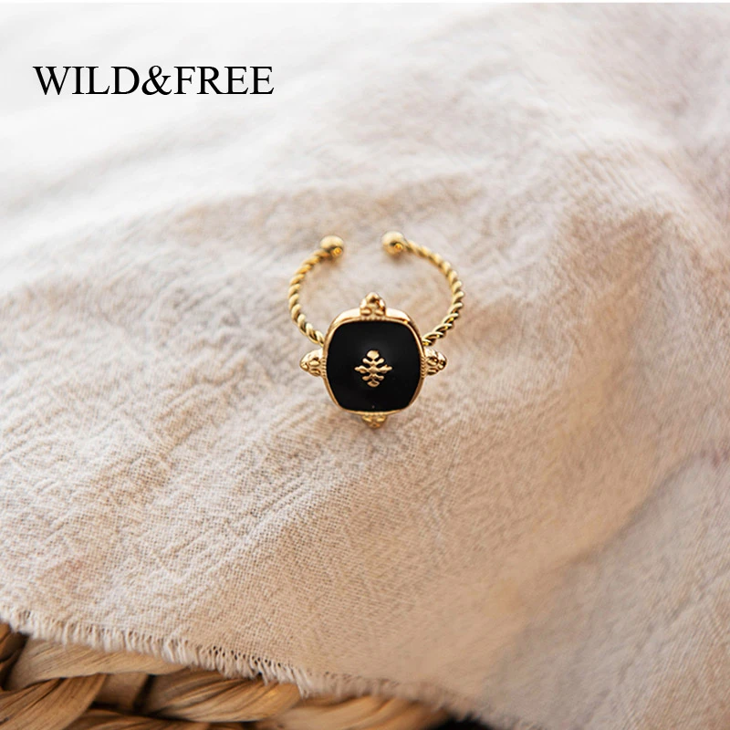 Wild&Free Vintage Geometric Rings For Women Stainless Steel Gold Color Twisted Circle Black Enamel Rings Boho Jewelry Adjustable