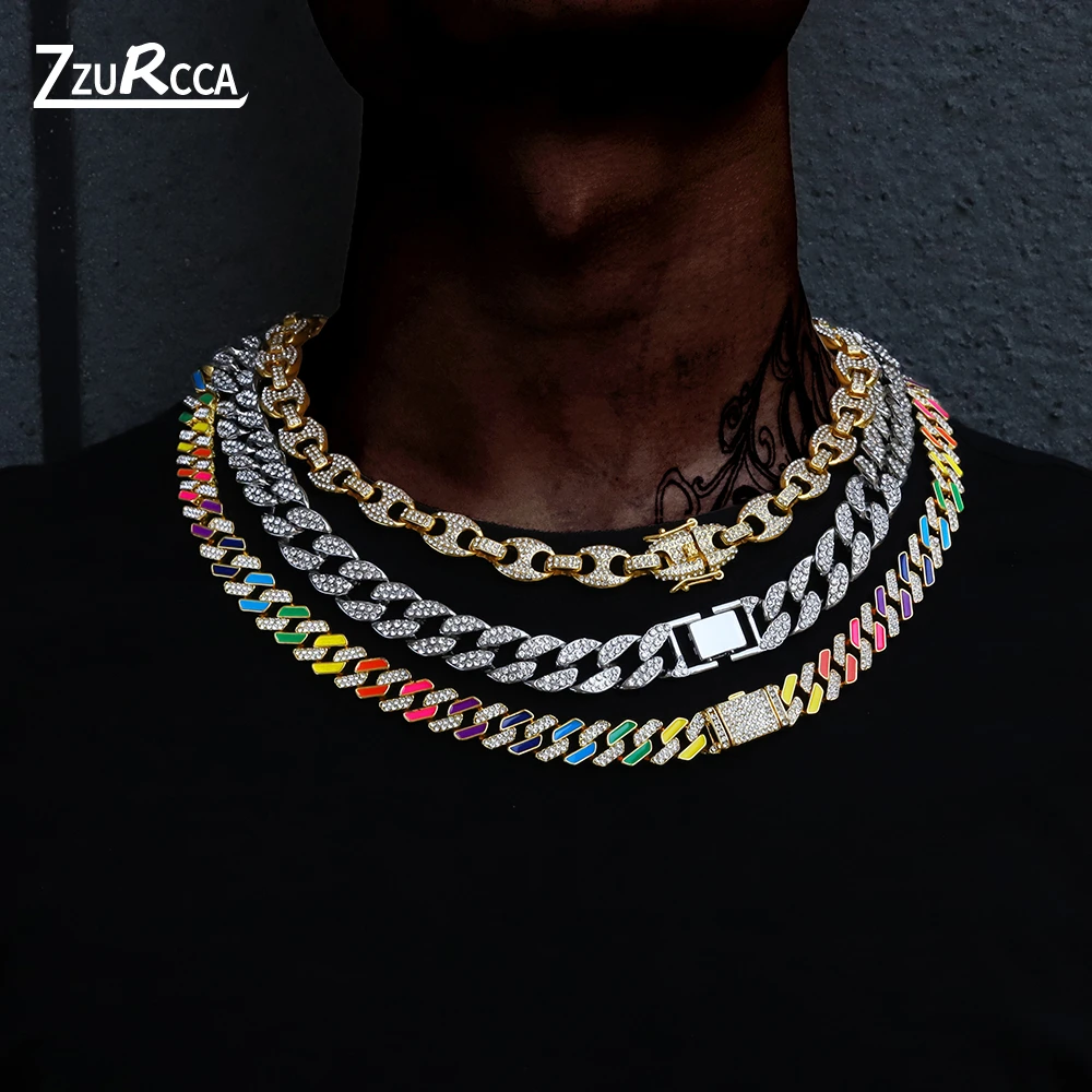 Iced Out Cuban Link Chain Necklace Gold Color Rhinestone Man Necklace Bling Rapper Necklace for Men Hip Hop corrente masculina