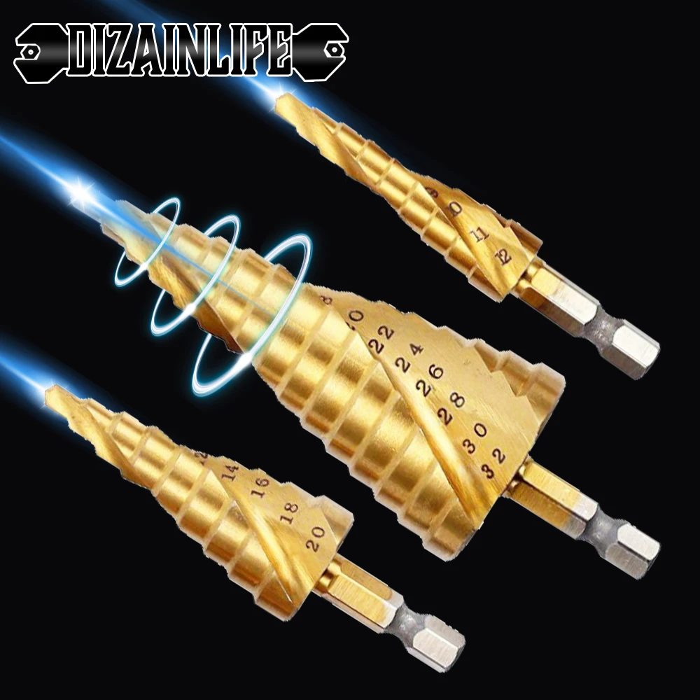 DIZAINLIFE Hss Step Drill Bit Set Cone Hole Cutter Taper Metric Titanium Coated Flute Pagoda Metal Wood Hex Conical Core Drill