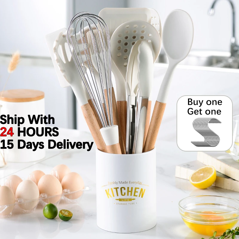 White Cooking Kitchenware Tool Silicone Utensils With Wooden Multifunction Handle Non-Stick Spatula Ladle Egg Beaters Shovel