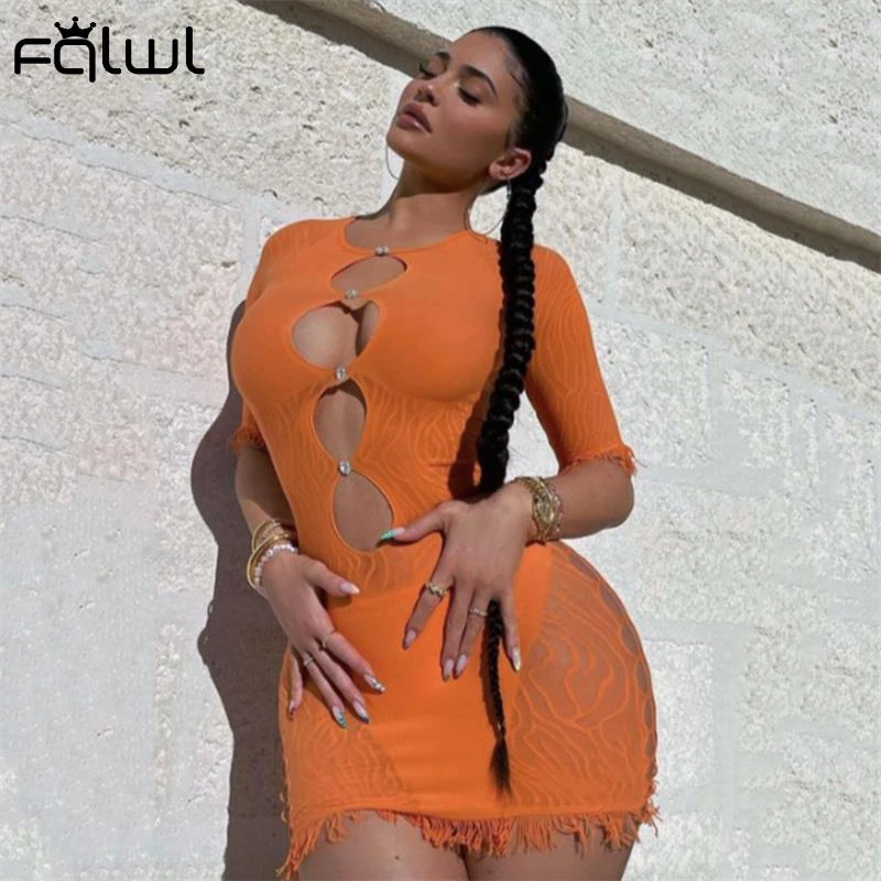 FQLWL Night Club Purple White Tassel Lace Dresses Bandage Pink Summer Bodycon Mesh Dress Women 2021 Party Orange Sexy Mini Dress